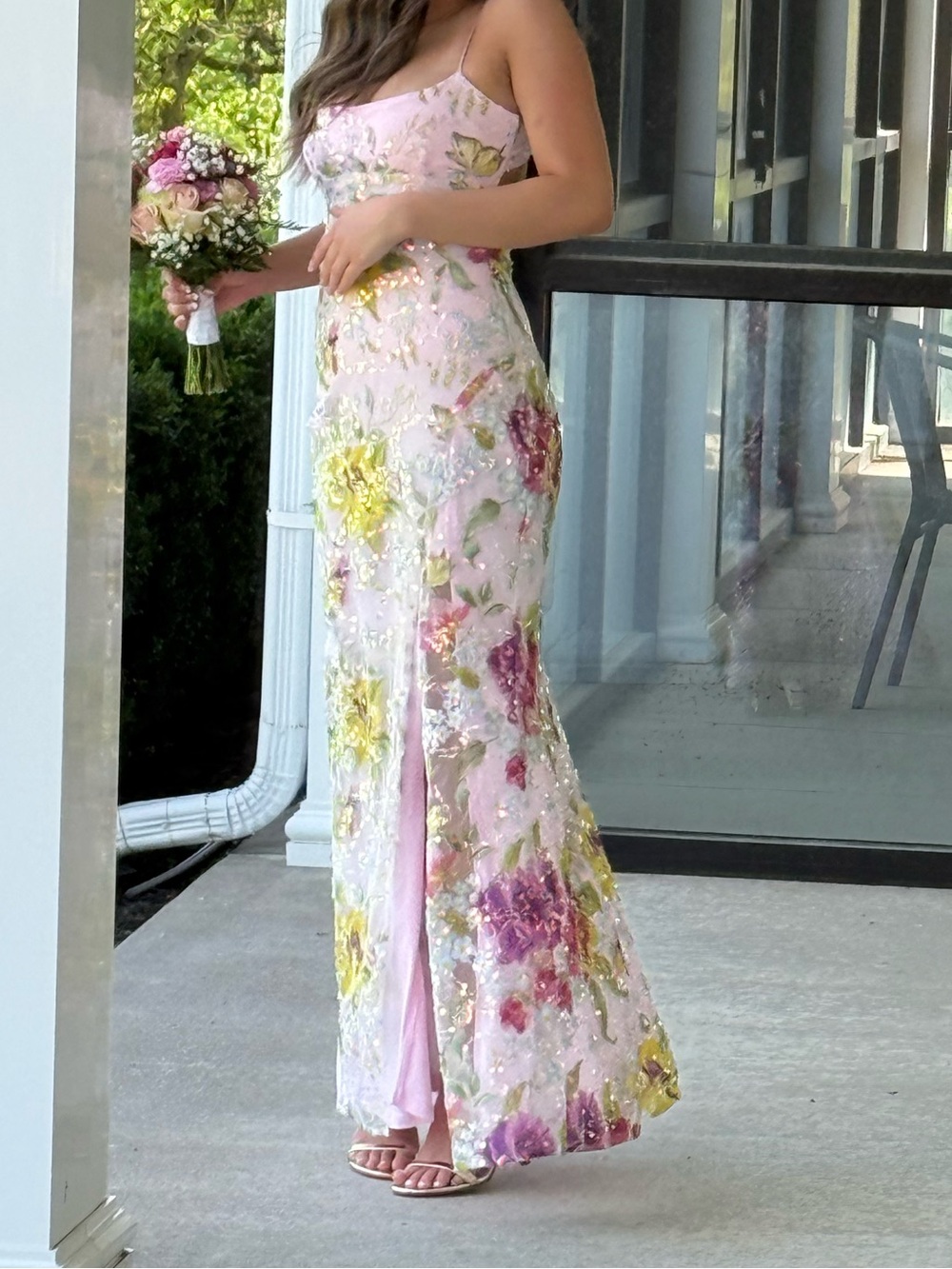 Floral Sequin Pink Spaghetti-Strap prom Dress